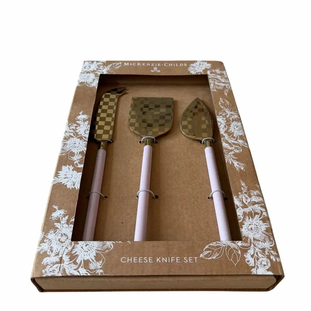 NEW MacKenzie-Childs Rosy Checked Cheese Knife Set of 3 in Original Box